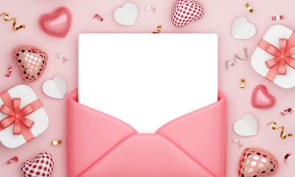 Blank white card in pink envelope on pink pastel color background with heart balloon, gift box and confetti. love letter minimal conceptual 3D rendering illustration.