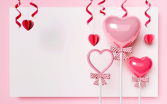 Happy Valentines day background with heart shape balloon, copy space with blank paper, 3D rendering illustration.