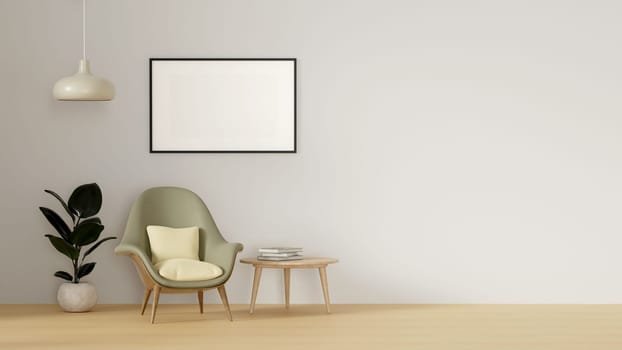 Modern minimalist interior with an armchair on empty white wall background and Blank picture frame mockup on white wall. 3d rendering illustration.