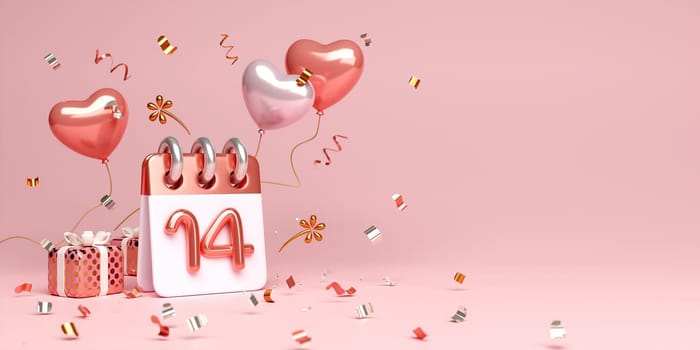 Happy Valentines day background with calendar date 14 February, Rose gold luxury, gift box, glitter, heart shape balloon, copy space text, 3D rendering illustration.