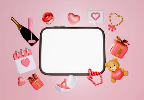 Happy Valentines day background with calendar date 14, gift box, heart shape balloon, digital tablet with copy space blank white on screen, 3D rendering illustration.