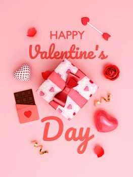 Pink heart, cup cake, chocolate, and rose on background. Valentine Wallpaper with Pink love hearts. Top view greeting card. 3D rendering illustration.