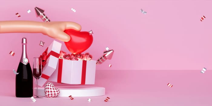 Valentines day background with 3d hand holding red heart from gift box. 3D rendering illustration.