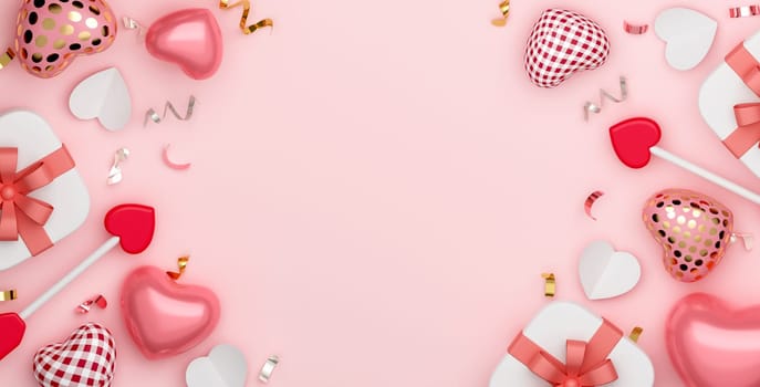 Happy Valentines day Mother's Day background with text copy space with realistic heart balloon, heart arrow, gift box and rose gold confetti. Top view. 3D rendering illustration.