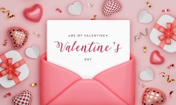 Happy valentine's day with pink envelope paper sheet. 3d rendered illustration.