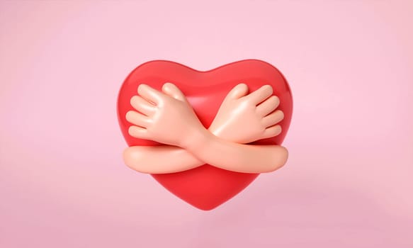 3D hands hugging a red heart with love. Hand embracing red heart on pink background. love yourself. Used for posters, postcards, t-shirt prints, and other designs. 3D render illustration.