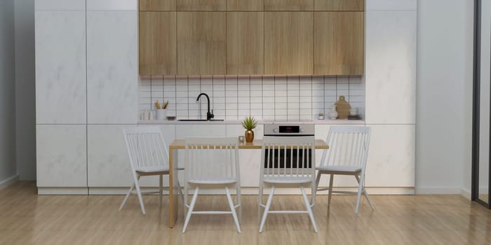 Modern and cozy bright kitchen dining room with wood and marble decor. 3d render illustration.