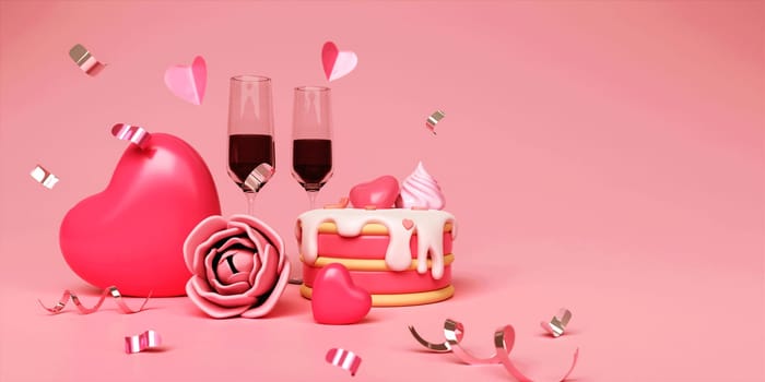 3D cake, champagne and heart shape balloons with confetti around. 3d scene design. Suitable for Valentine's Day and Mother's Day. 3D rendering illustration.