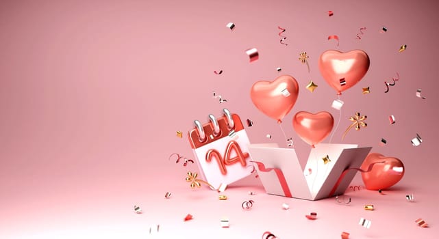 Happy Valentines day background with calendar date 14 February, Rose gold luxury, glitter confetti, open present with heart shape balloon, copy space text, 3D rendering illustration.