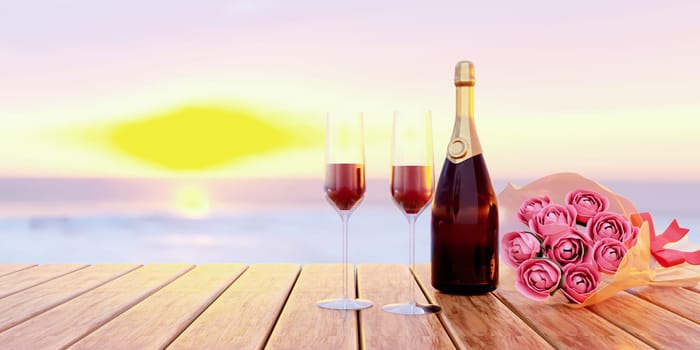 February 14th valentine day 2 champagne glasses and bouquet of roses on a background of the sea relax time on the table. 3d render illustration.