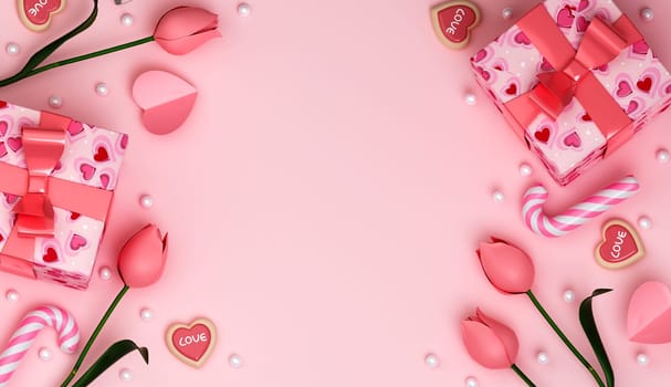 Valentines Day with gift box, roses decor pink background. Holiday illustration banner with copy space. for valentine and mother day anniversary design. 3d rendering illustration.