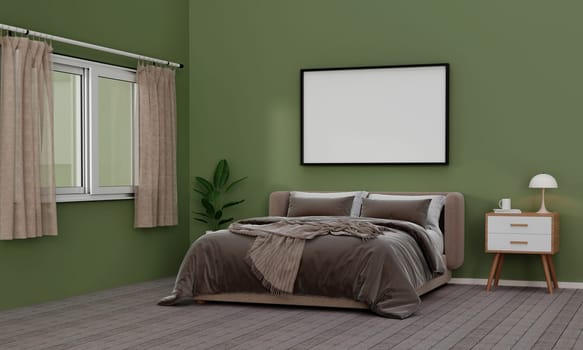 Frame horizontal frame mockup in cozy bedroom interior. 3d render illustration.