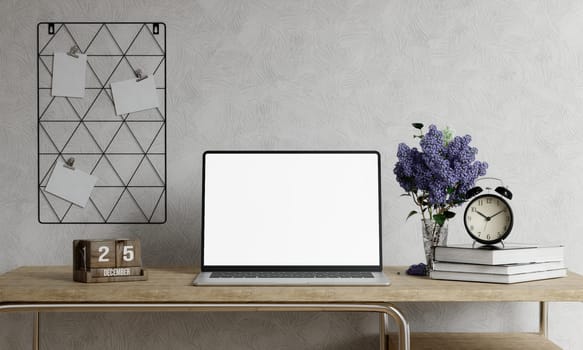 Minimalist workspace with a laptop mockup on a table in a minimal office. 3d render illustration.