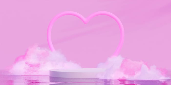 Happy valentines day podium decoration with heart shape pink neon light, gift. 3D rendering illustration.