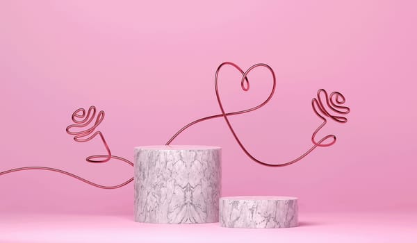 Abstract pastel pink background. Valentines Day festive concept with pink golden heart line art and pedestal. Modern minimal showcase scene with empty podium steps for product presentation. 3D rendering illustration.