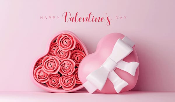 Valentine Rose in pink gift box with heart shape. Abstract Background. 3D rendering illustration.