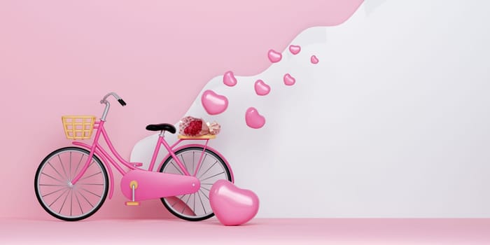 Pink bicycle and pink heart balloons. Love concept. Happy Valentine's Day wallpaper, poster, card. copy space for texting. 3D rendering illustration.
