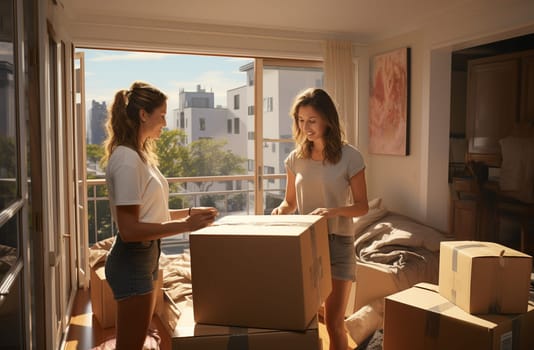 Two happy roommates talking unboxing gelongings moving home . High quality photo