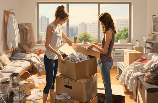 Two happy roommates talking unboxing gelongings moving home . High quality photo
