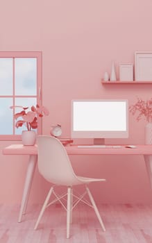 Pink room interior with mock up computer PC with blank white screen. 3d rendering illustration.