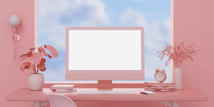 Pink room interior with mock up computer PC with blank white screen. 3d rendering illustration.