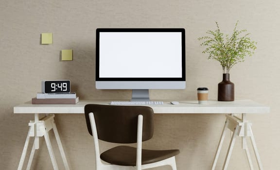 A modern PC computer blank screen mockup is on a table in a modern minimal home office. 3d render illustration.