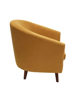 modern orange fabric armchair with wooden legs isolated on white background, side view.