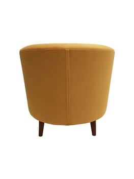 modern orange fabric armchair with wooden legs isolated on white background, back view.