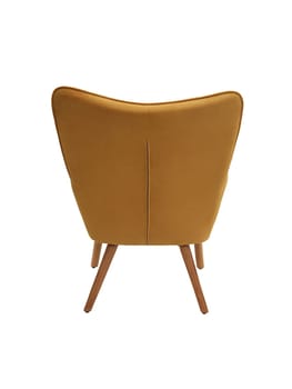 modern orange fabric armchair with wooden legs isolated on white background, back view.