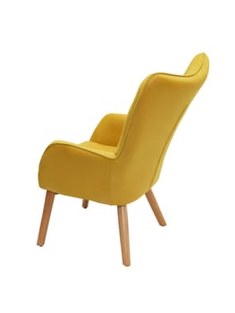 modern yellow fabric armchair with wooden legs isolated on white background, back view