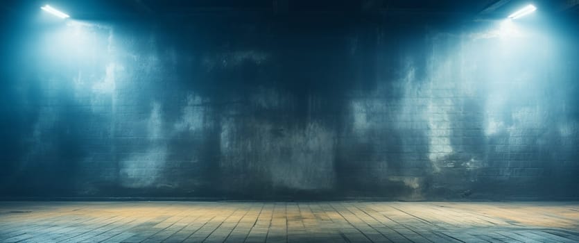 Blue theatrical beams of overhead light illuminating an empty dark stage. Bright neon spotlights and smoke on a black studio background. Light show, disco club lights. High quality photo