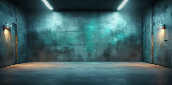 Background of an empty dark room. Empty walls, neon light, smoke, glow. blue neon light. High quality photo
