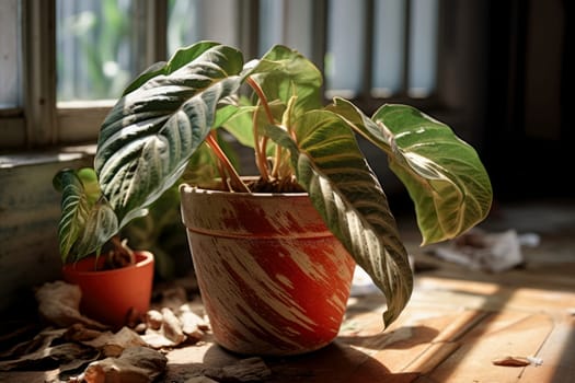 Wilted home flower leaves in clay pot, abandoned ornamental plants, home plants, improper care.