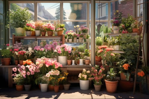 Flower shop window with flowers in pots and flowering plants. Large window against the city background