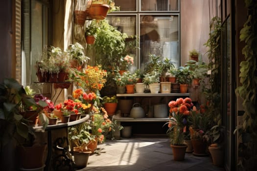 Flower shop window with flowers in pots and flowering plants. Large window against the city background