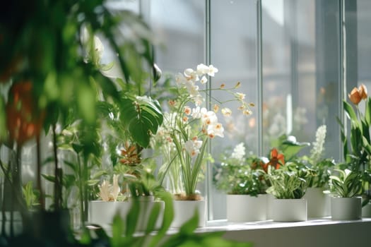 Flower shop window with flowers in pots and flowering plants. Large window against the city background