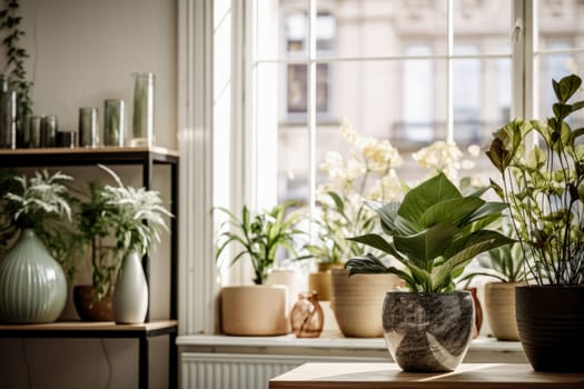 Homegrown plants in pots in the window of the modern interior of a house or apartment.
