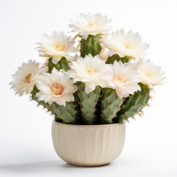 blooming cactus with white flowers in the pot. White background, isolated object