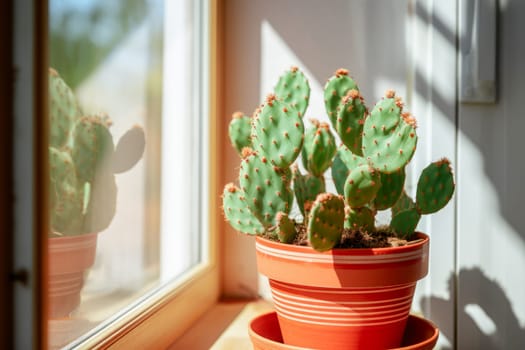 Cactus in the pot on the windowsill. . Houseplant. Sunlight from the window