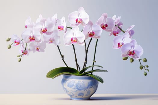 Pink orchid in a white flowerpot on white background