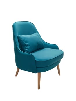 modern blue fabric armchair with wooden legs isolated on white background, side view.