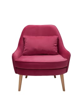 modern crimson fabric armchair with wooden legs isolated on white background, front view.