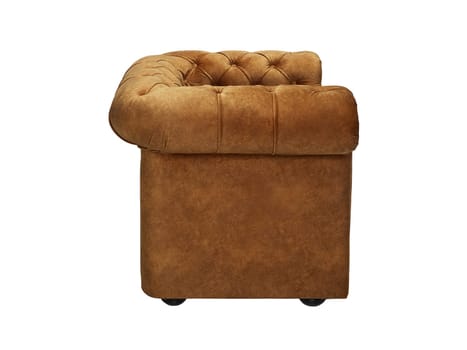 vintage brown leather armchair isolated on white background, side view.