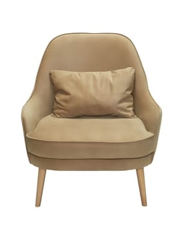 modern beige fabric armchair with wooden legs isolated on white background, front view.