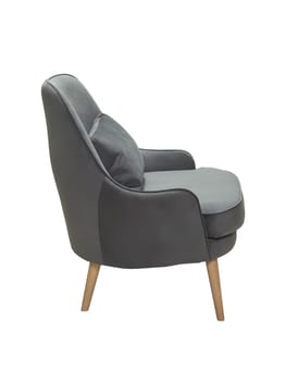 modern grey fabric armchair with wooden legs isolated on white background, side view.