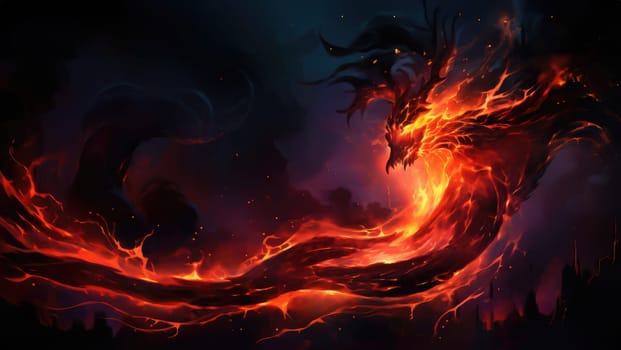 Fiery demon. Mystical monster in fire on dark background. A horrible creature from a nightmare.