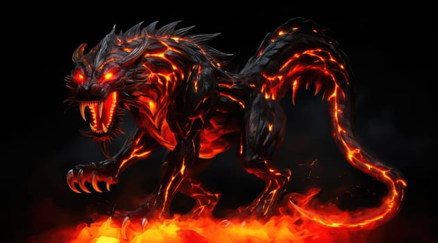 Fiery demon. Mystical monster in fire on dark background. A horrible creature from a nightmare.