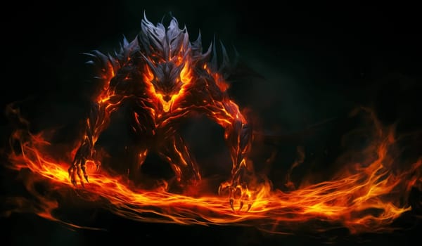 Fiery demon. Mystical monster in fire on dark background. A horrible creature from a nightmare.