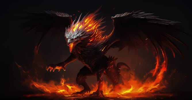 Fiery demon. Mystical monster in fire on dark background. A horrible creature from a nightmare.