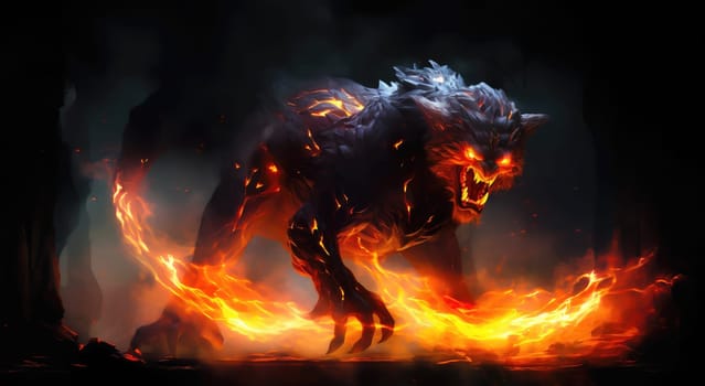 Fiery demon. Mystical monster in fire on dark background. A horrible creature from a nightmare.